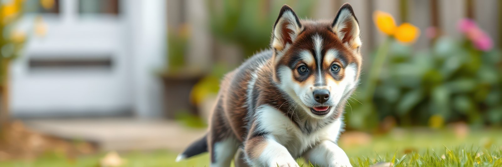 Playful dog runs through a vibrant garden on a sunny afternoon in a suburban home